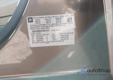 2015 Chevrolet Silverado 1500 1Lt z USA, uszkodzony, nr VIN 3GCUKREC9FG257374